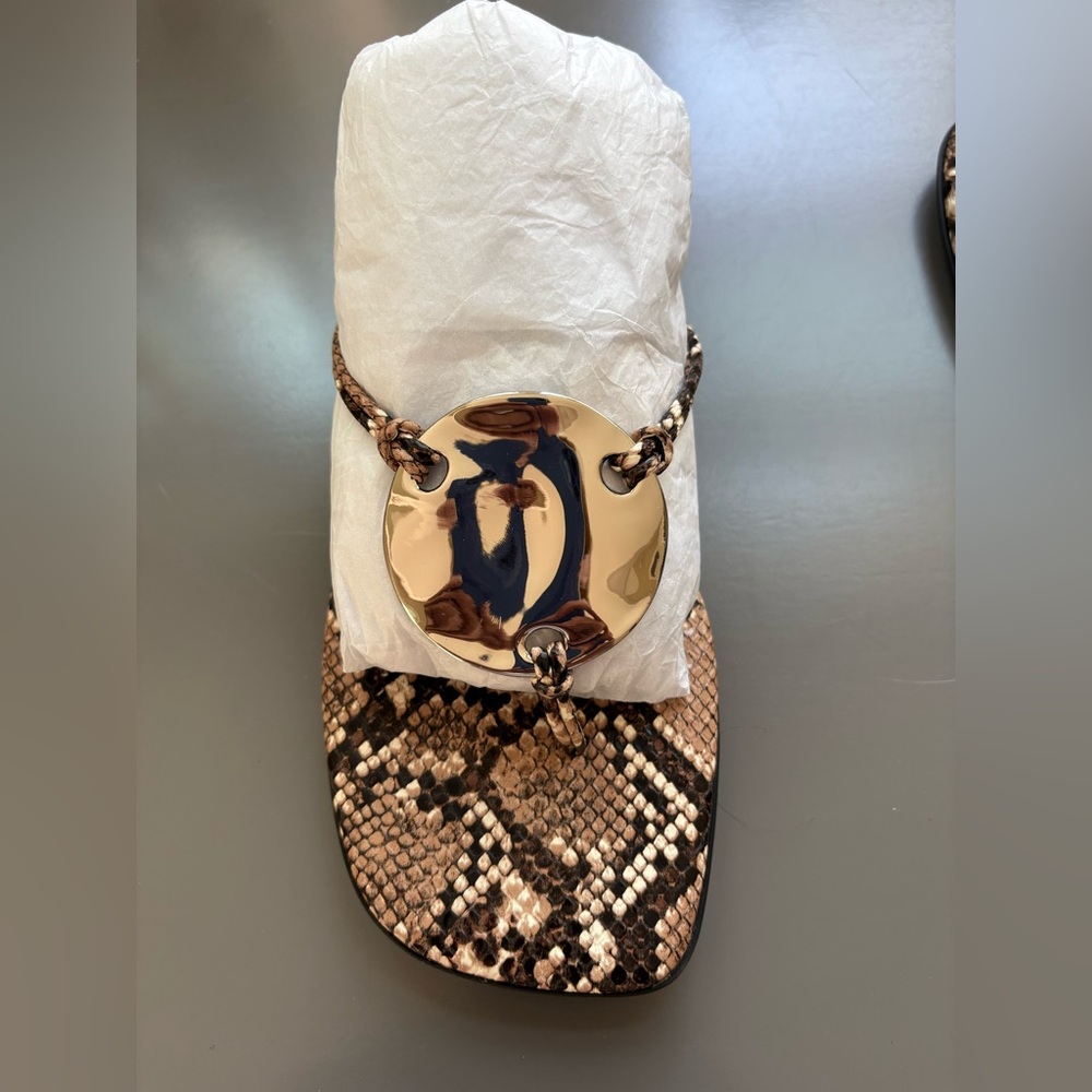 New Anthropologie Jeffrey Campbell Chance-it Sandal Snake Print Silver Disc SZ 9 - Picture 7 of 9
